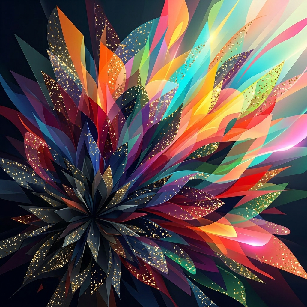 Abstract layered petals in various bright colors radiating from center